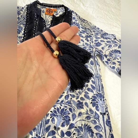 Tory Burch | Tunic Floral Blouse SZ 4 Blue Print Tie Tassel Front Cotton - Picture 3 of 11